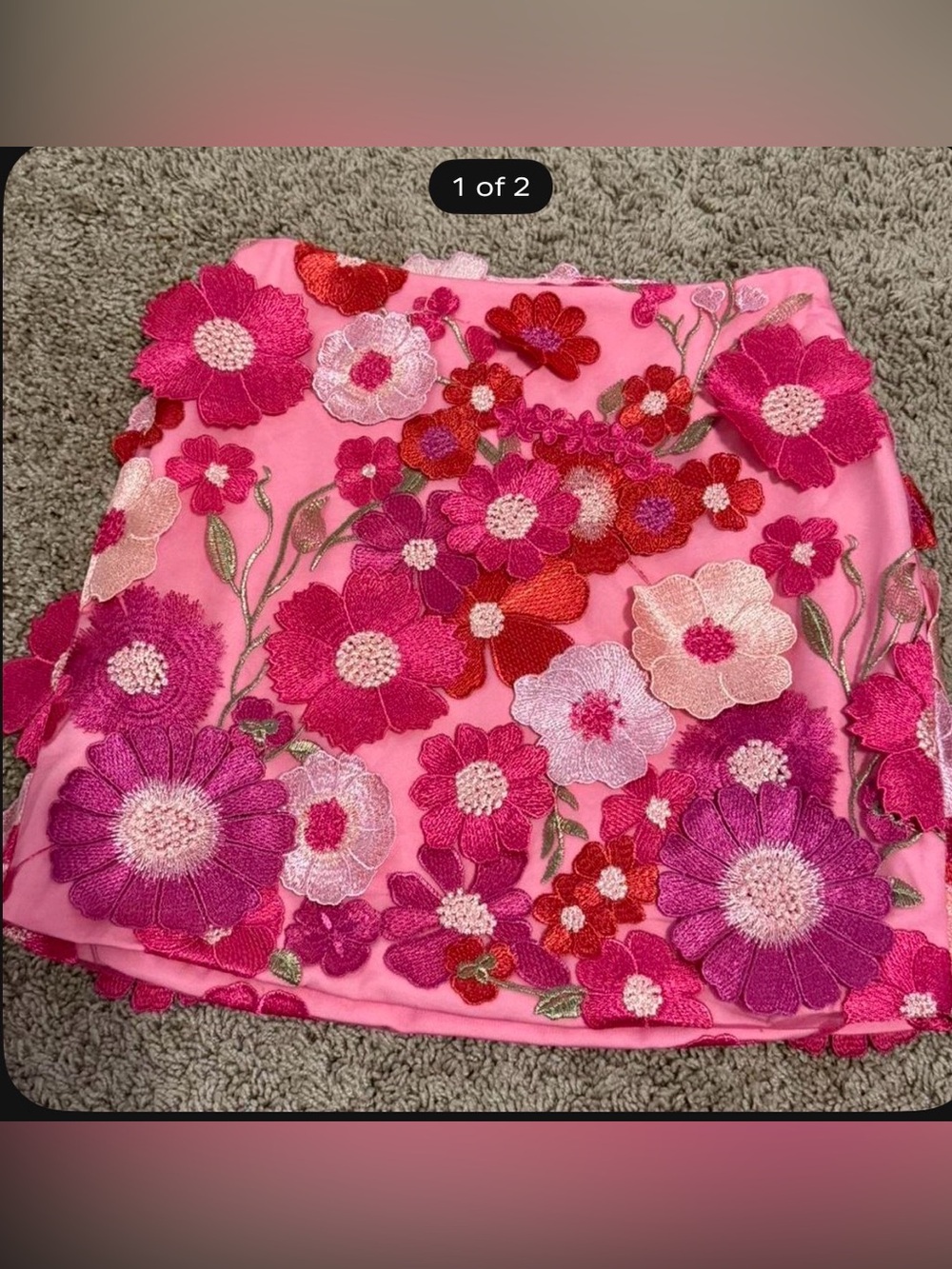 Pink Floral Embroidered Mini Skirt
